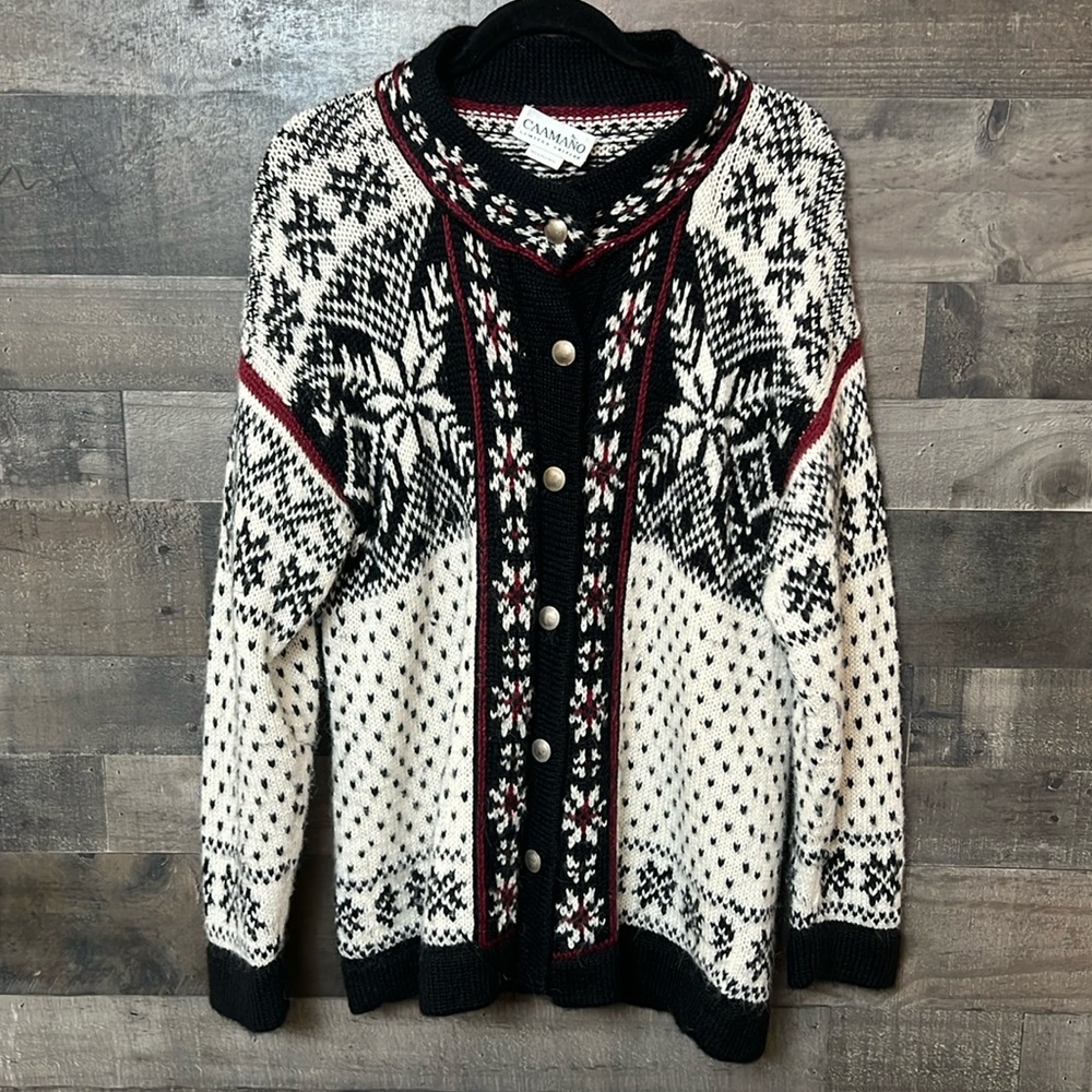 Soft And Cozy Black White and Maroon Caamano Button Down Cardigan Sweater